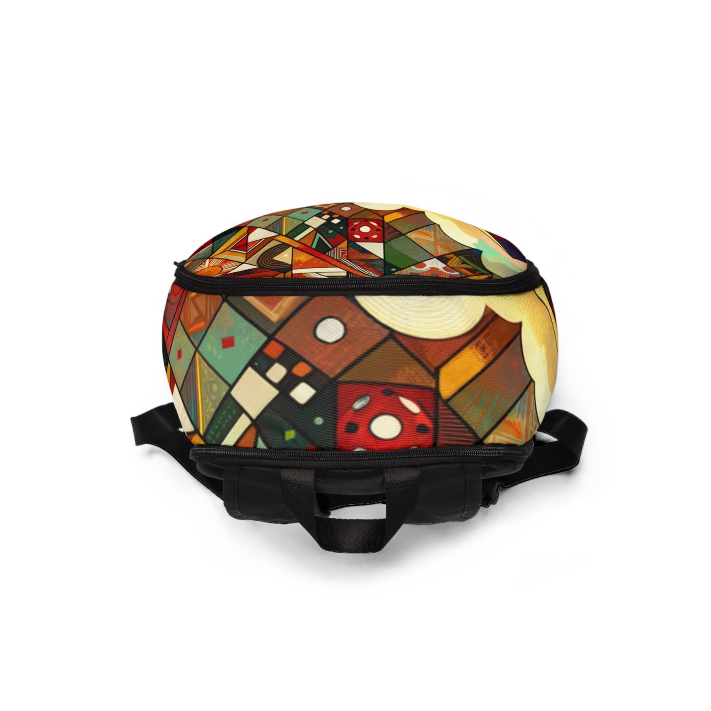 LuckeLadybug African inspired backpack with colorful geometric pattern and black straps