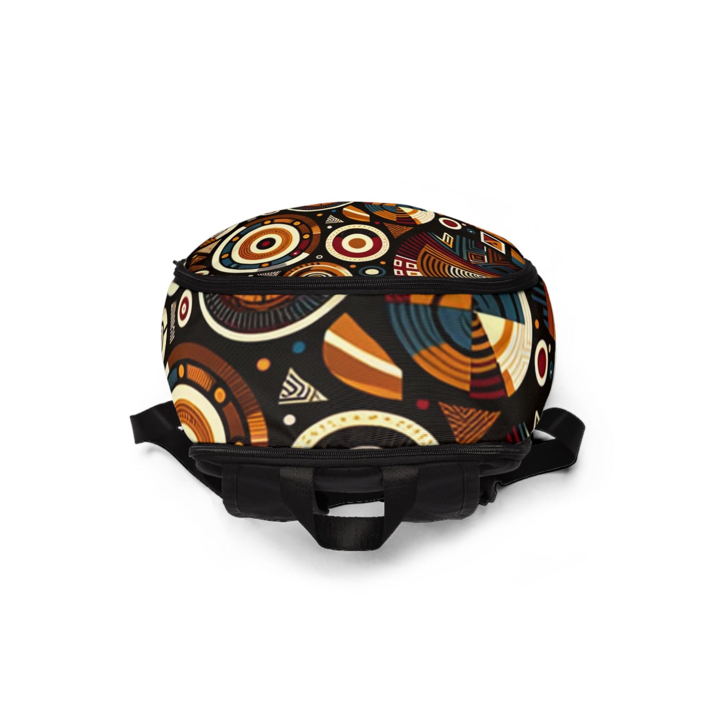 LuckeLadybug African print backpack with colorful circular and geometric designs on black background