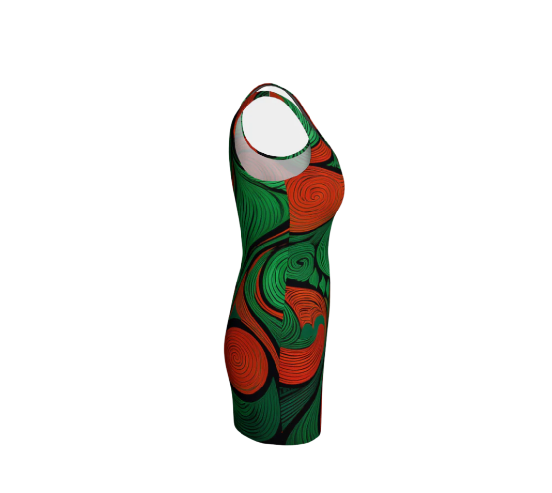 Printful African print bodycon dress with vibrant green and orange swirl patterns and sleeveless design