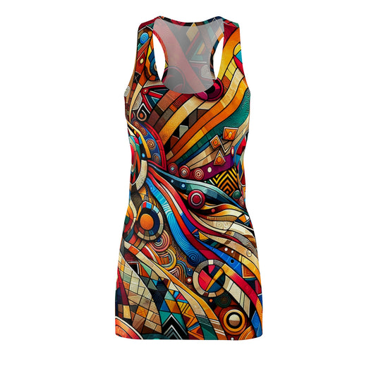 Colorful African style racerback dress with vibrant geometric and abstract patterns