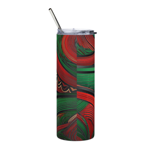 African style stainless steel tumbler with red and green abstract patterns and clear lid with metal straw