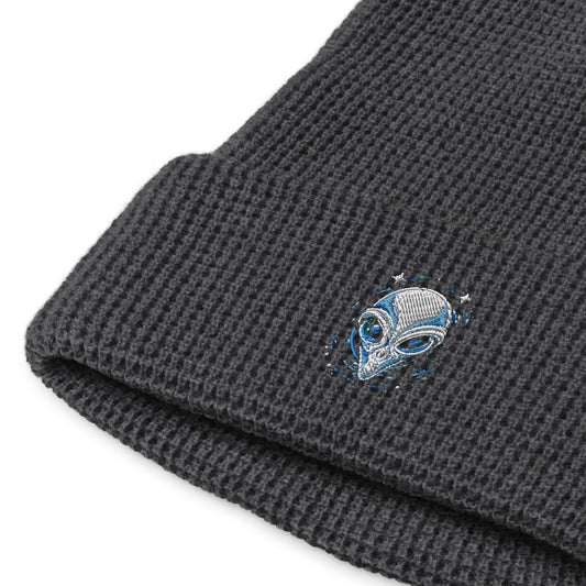 Dark gray waffle beanie with detailed blue and white alien embroidery waffle beanie design