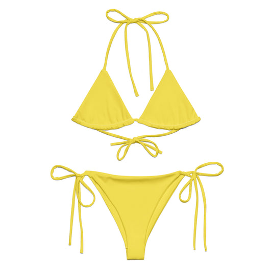 Yellow all-over print bikini for summer with adjustable tie straps and triangle top design