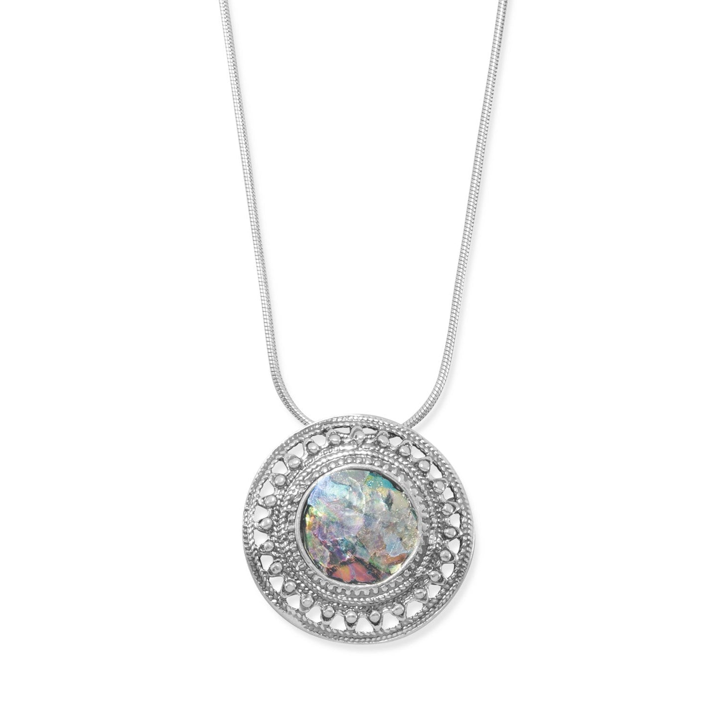 LuckeLadybug LLC ancient Roman glass necklace with a circular silver pendant and intricate detailing