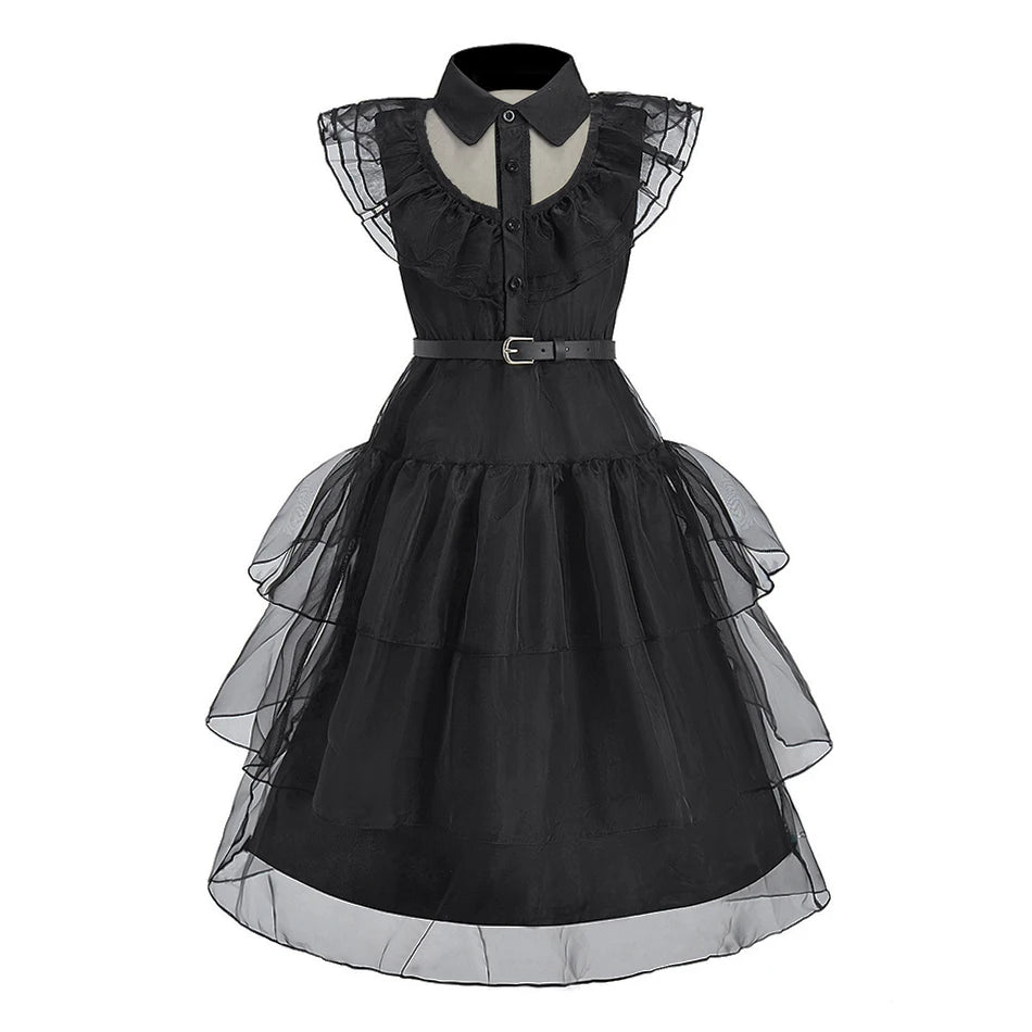Elegant black Anna Elsa princess dress for girls with layered tulle and belt for a classic look