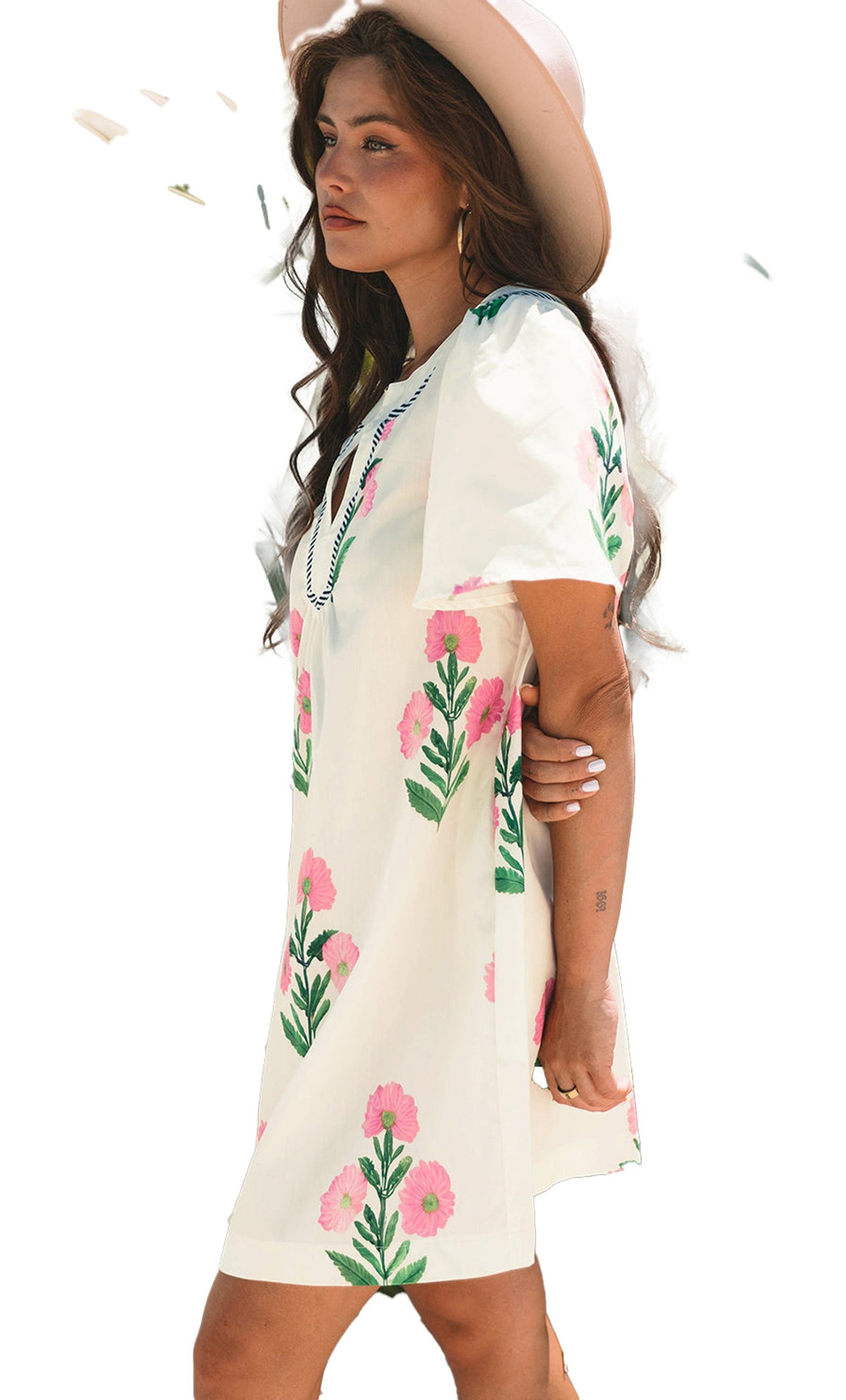 LuckeLadybug Apricot Floral Mini Dress with Colorful Floral Pattern and Short Sleeves