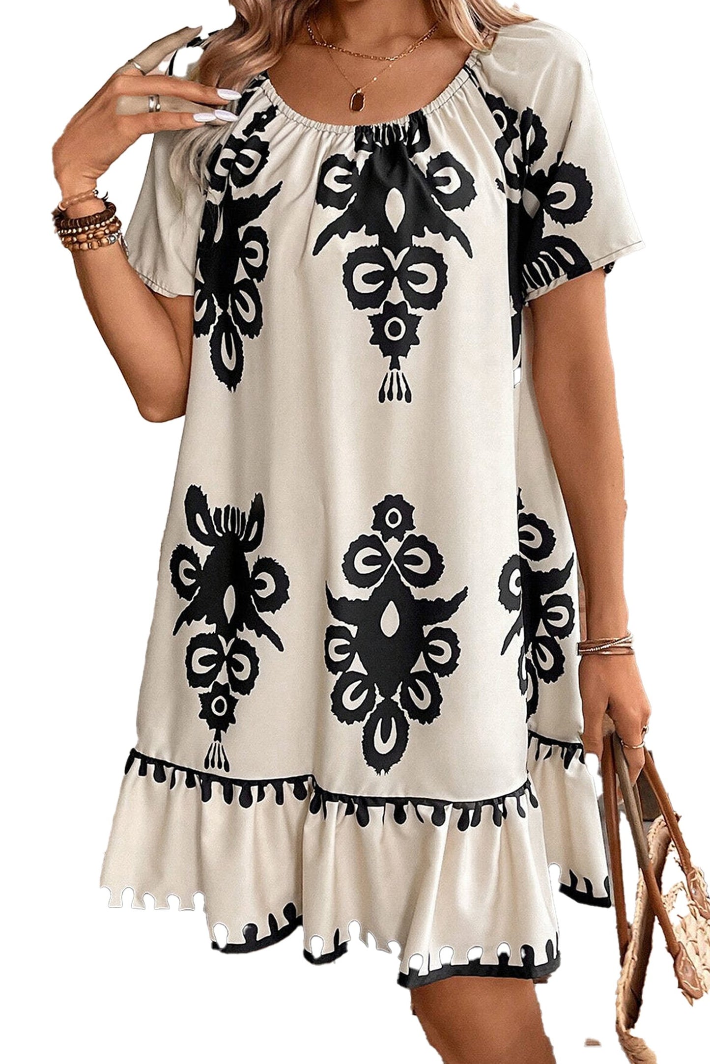 LuckeLadybug apricot western print dress with black patterns and ruffled hem for casual style