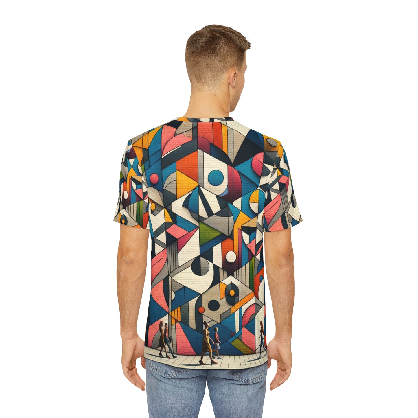 LuckeLadybug artistic abstract graphic t shirt with colorful geometric shapes worn by a man from the back