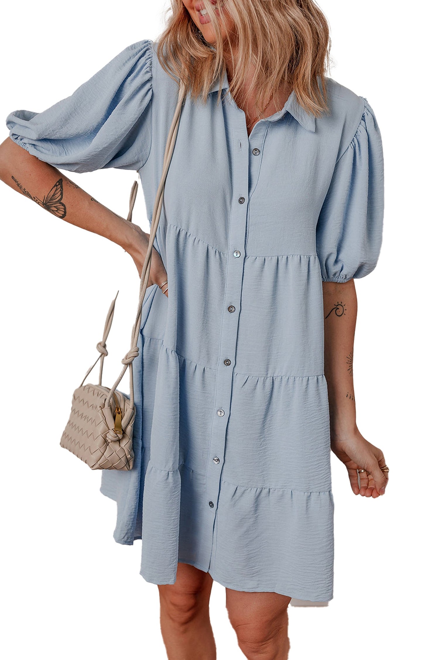 LuckeLadybug H Line blue shirt collar puff sleeve dress with tiered button front and crossbody bag