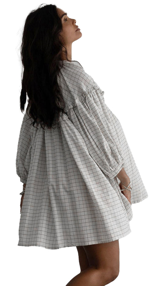 Dear Lover Dropshipping white checkered babydoll dress mini with puff sleeves and loose A line silhouette