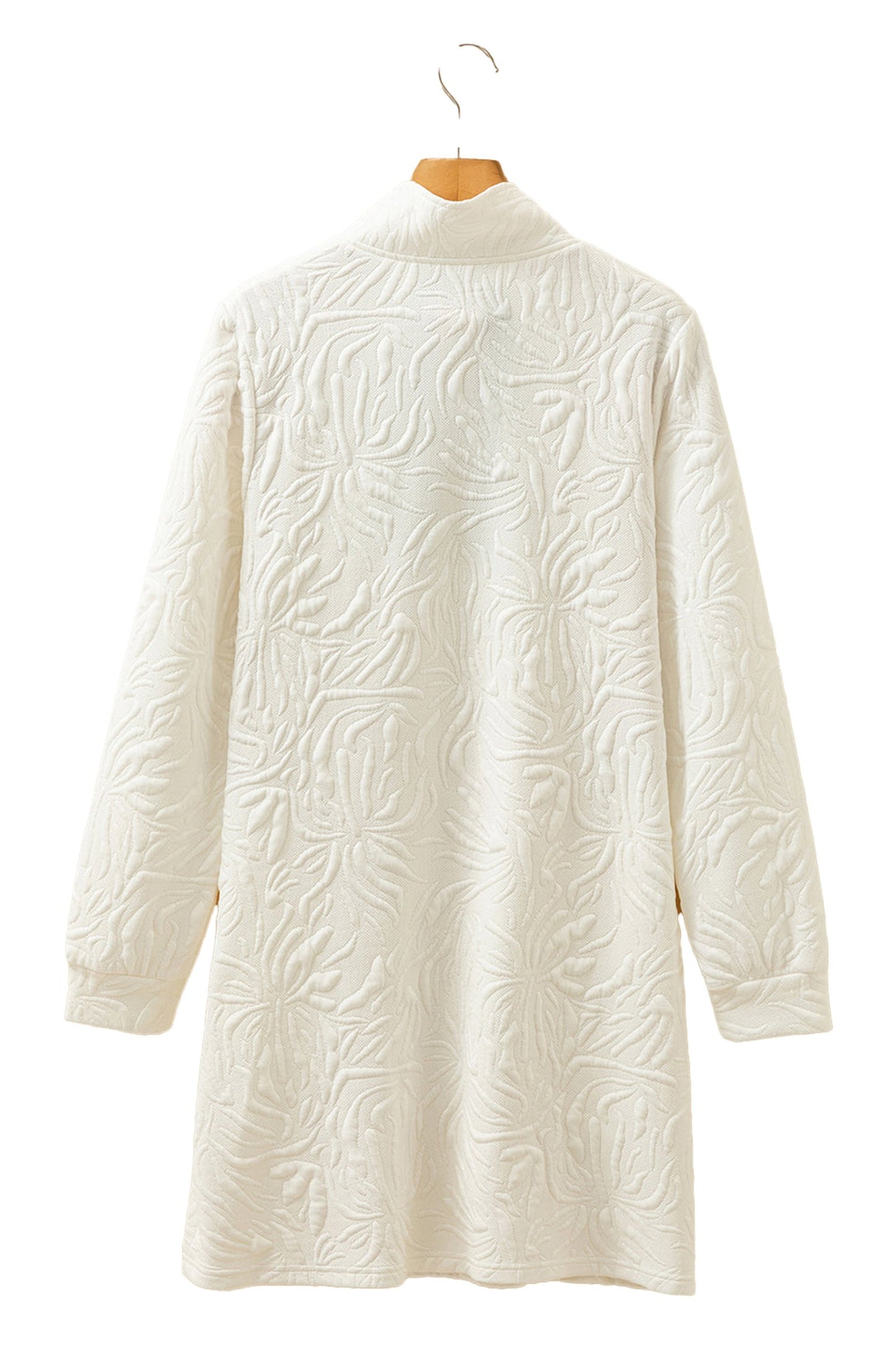 LuckeLadybug white jacquard mini dress back view long sleeve collared textured fabric on wooden hanger