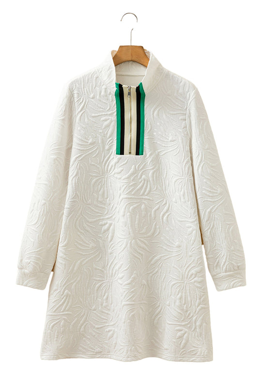 LuckeLadybug white jacquard mini dress with textured floral pattern long sleeves zip collar and striped placket