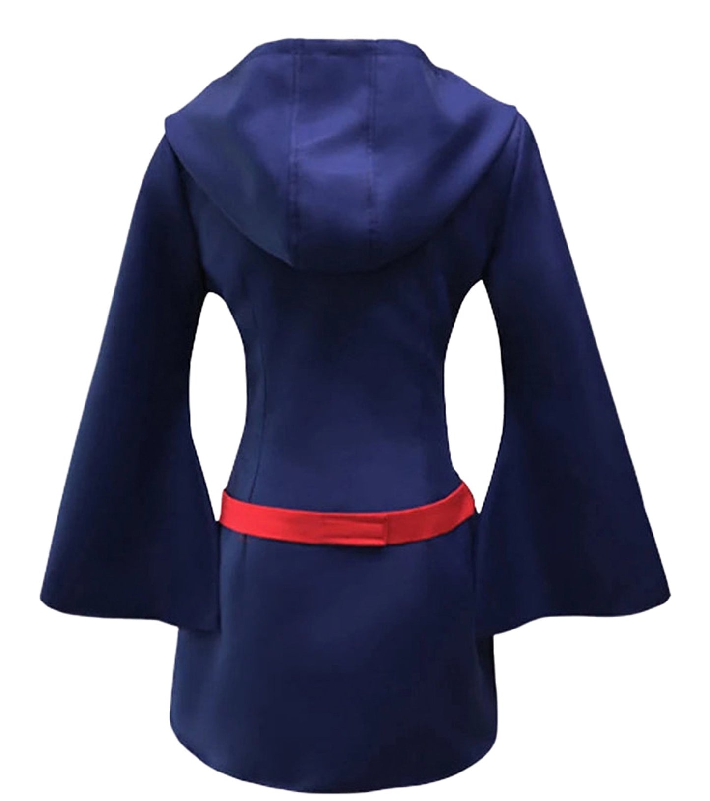 Back view of Atsuko Kagari cosplay costume featuring a hood and red belt for anime enthusiasts