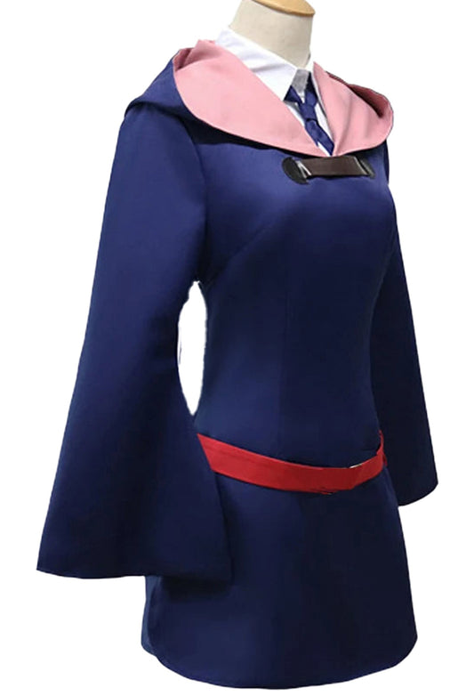 Atsuko Kagari cosplay costume in navy blue with pink hood and red belt for anime fans