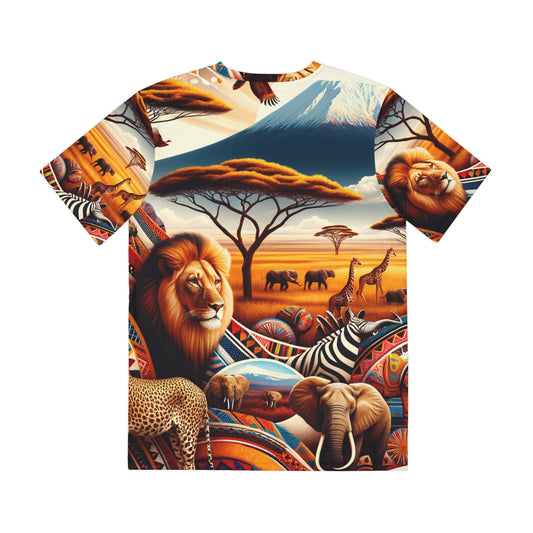 LuckeLadybug authentic abstract African tee featuring vibrant wildlife and savannah landscape design