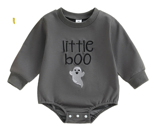Baby boy Halloween romper in gray with ghost design and little boo text, perfect for festive occasions