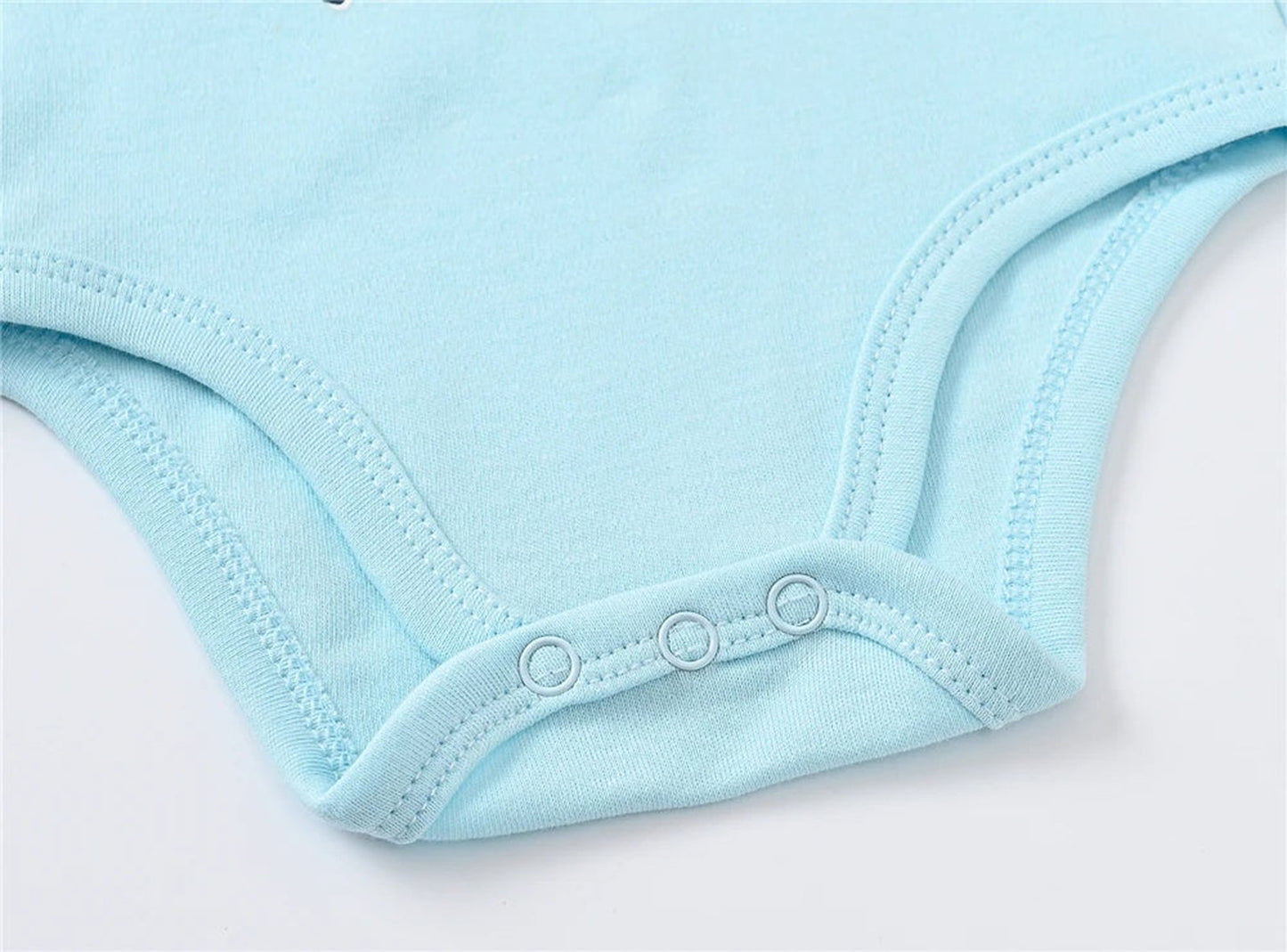 Close-up of LuckeLadybug baby girl cotton romper set in light blue with snap closure for easy dressing