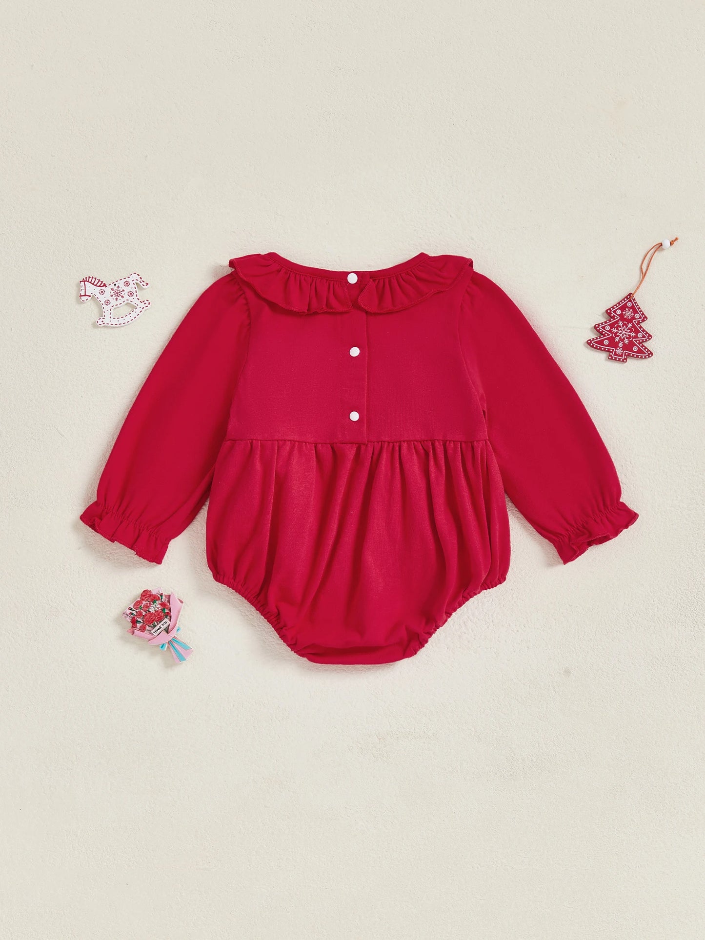 Cute red baby girl fall romper with ruffled collar and button closure for stylish autumn outfits