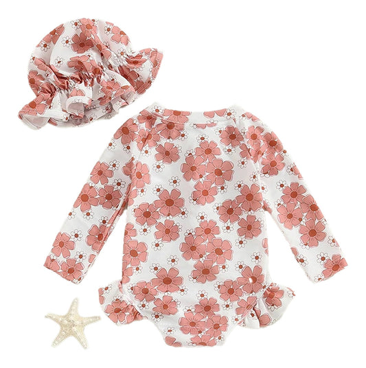 Baby girl flower print swimsuit with matching hat in pink floral design for summer fun