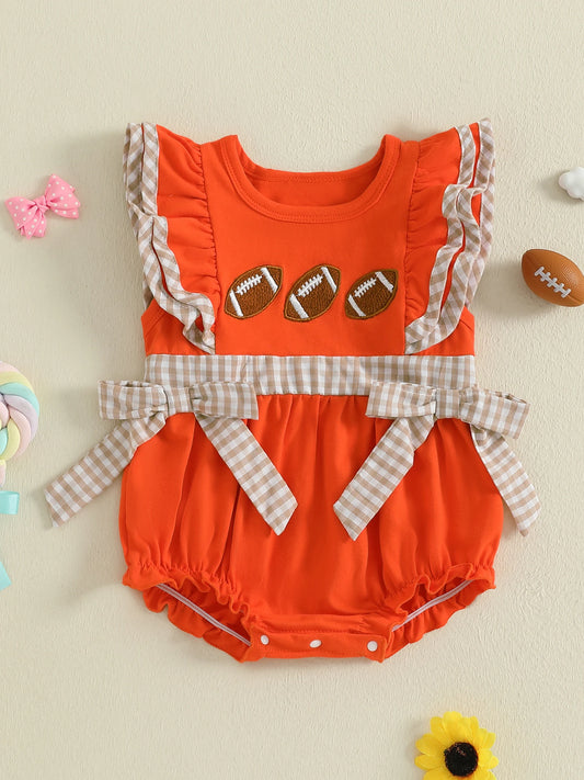 Orange baby girl rugby romper with ruffle details and football embroidery for sporty playdates