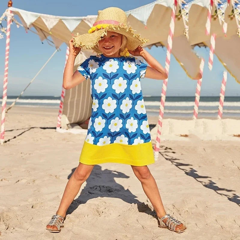 Baby girl summer dress cotton with bright blue and yellow floral design perfect for beach outings