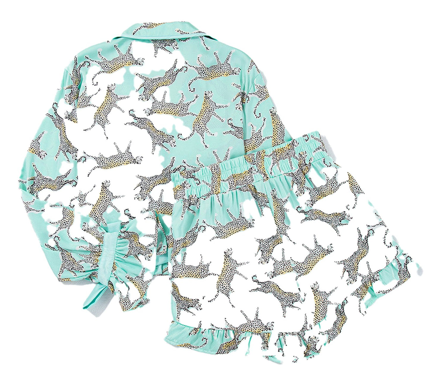 Green Leopard Satin Pajama Set For Women