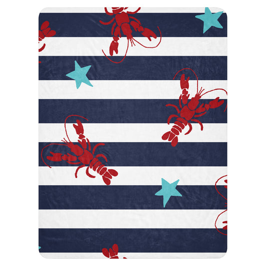 LuckeLAdybug beach theme sherpa blanket with navy stripes red lobsters and blue starfish pattern