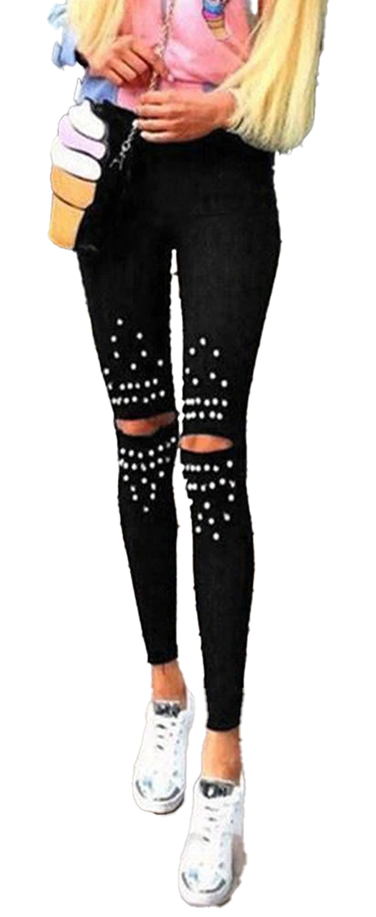 Beaded Knee Hole Leggings For Women