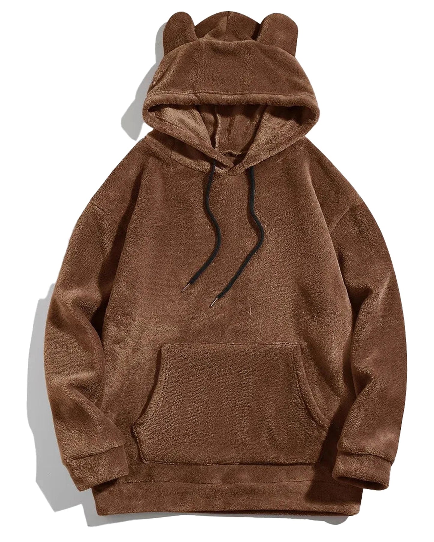 Cozy bear ears hoodie for adults in brown with a soft fleece material and front pocket