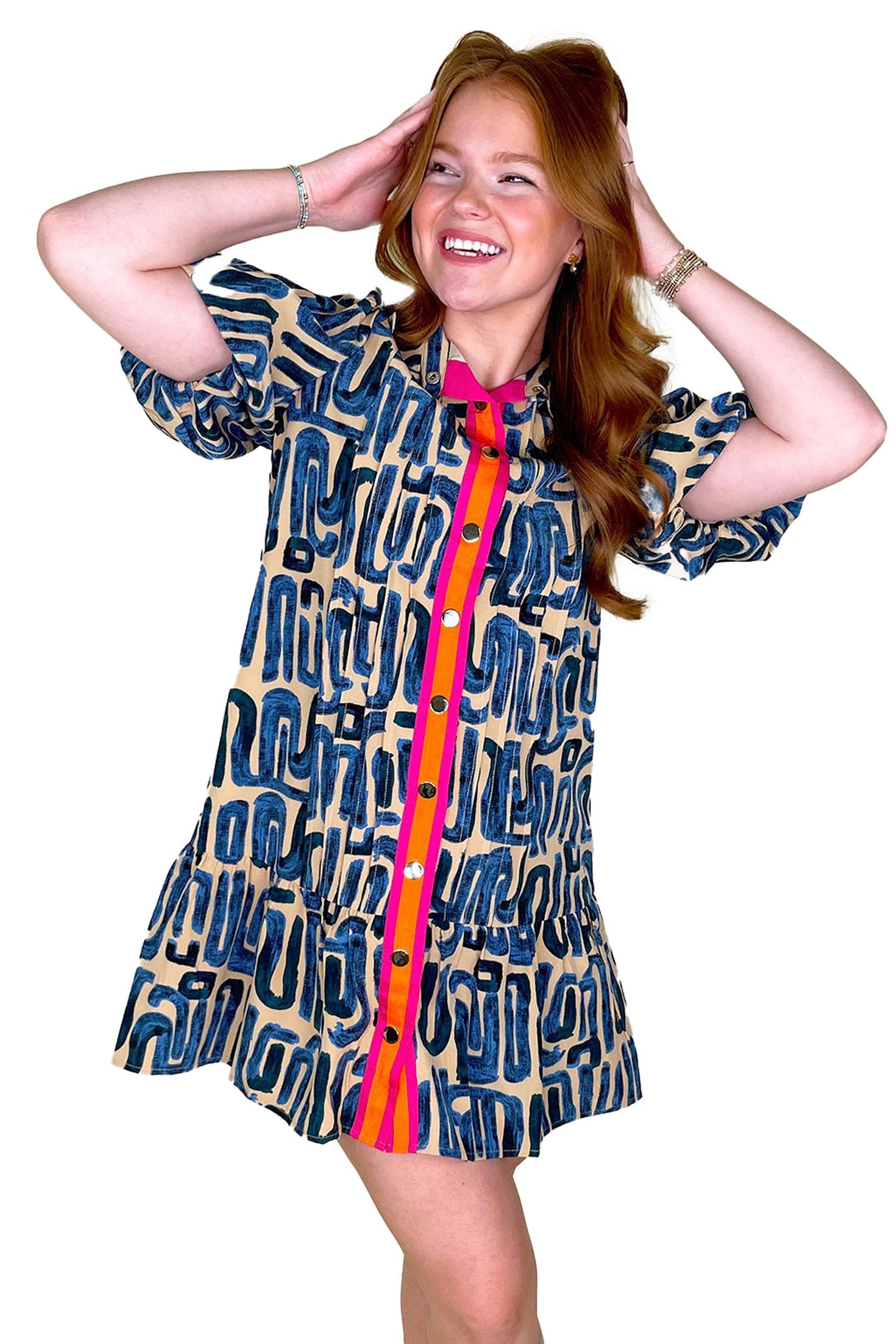 LuckeLadybug beige abstract print mini dress with colorful buttons and short sleeves