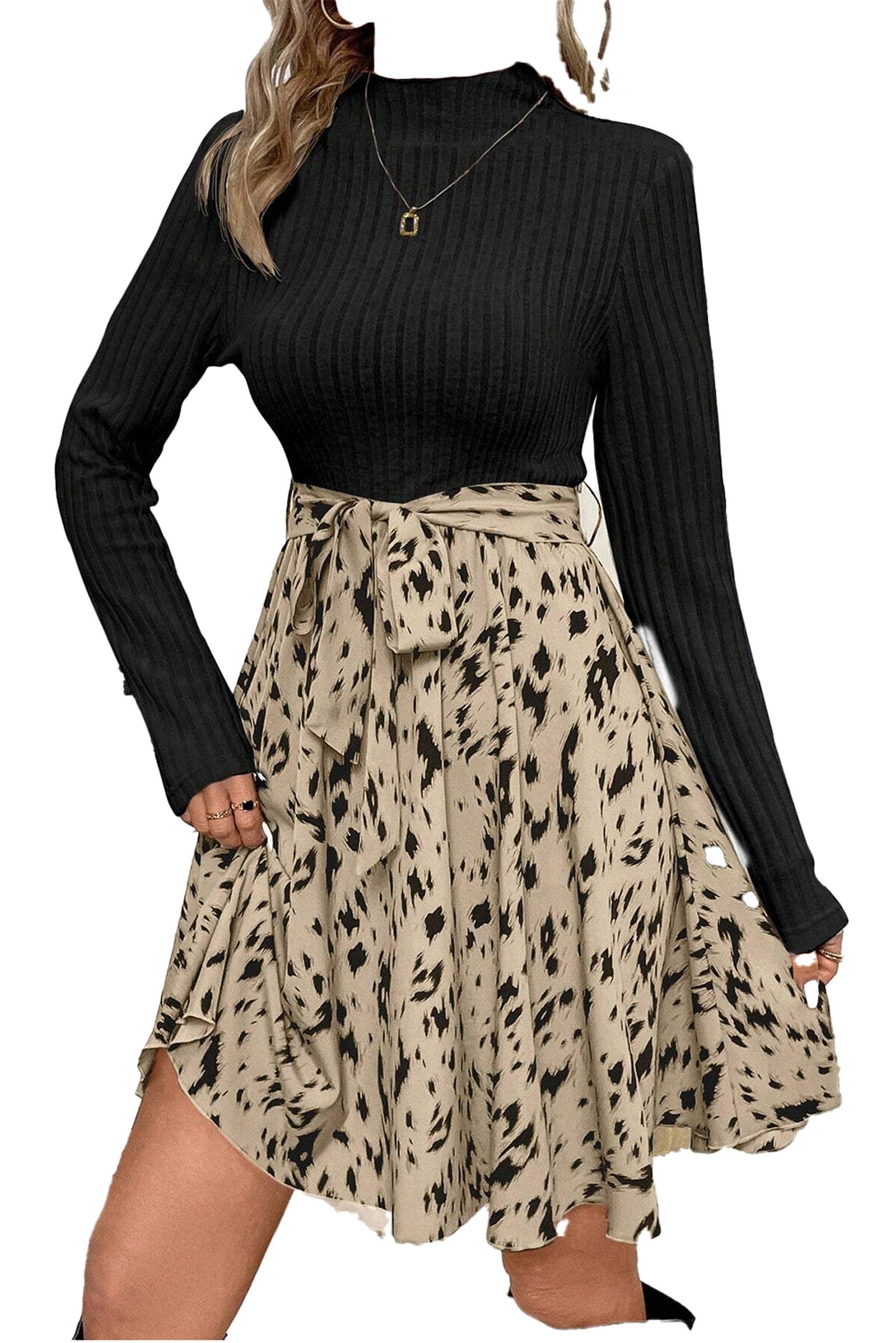 LuckeLadybug beige ribbed knit A-line dress with black ribbed mock neck top and beige spotted skirt with tie waist