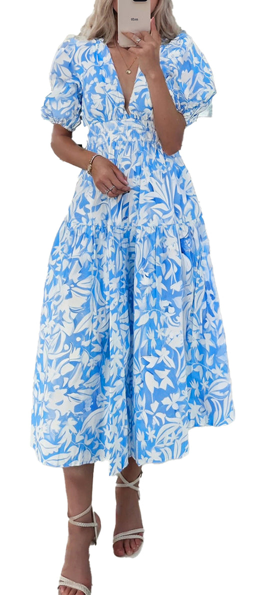 LuckeLadybug A Line sky blue floral maxi dress with deep V neck puff sleeves and cinched waist
