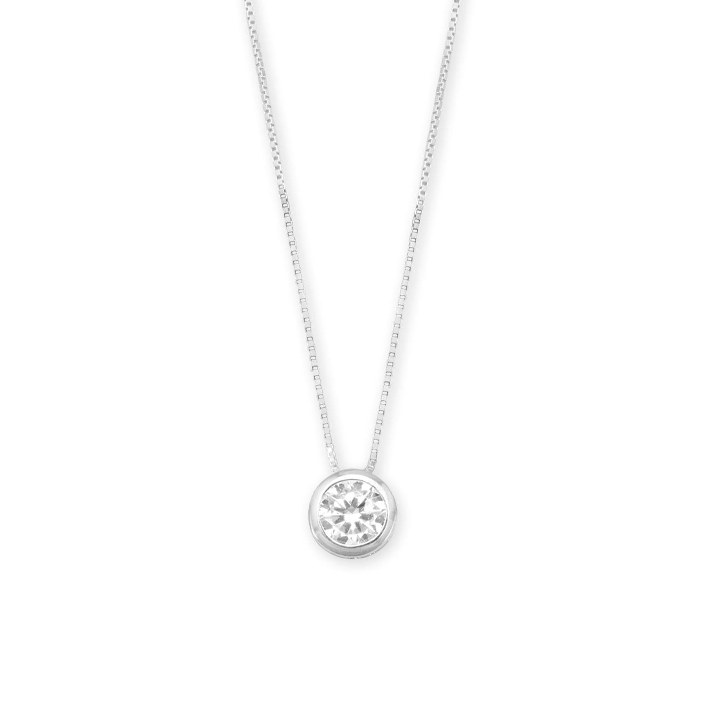 LuckeLadybug bezel set CZ floating necklace with a round crystal pendant on a delicate chain
