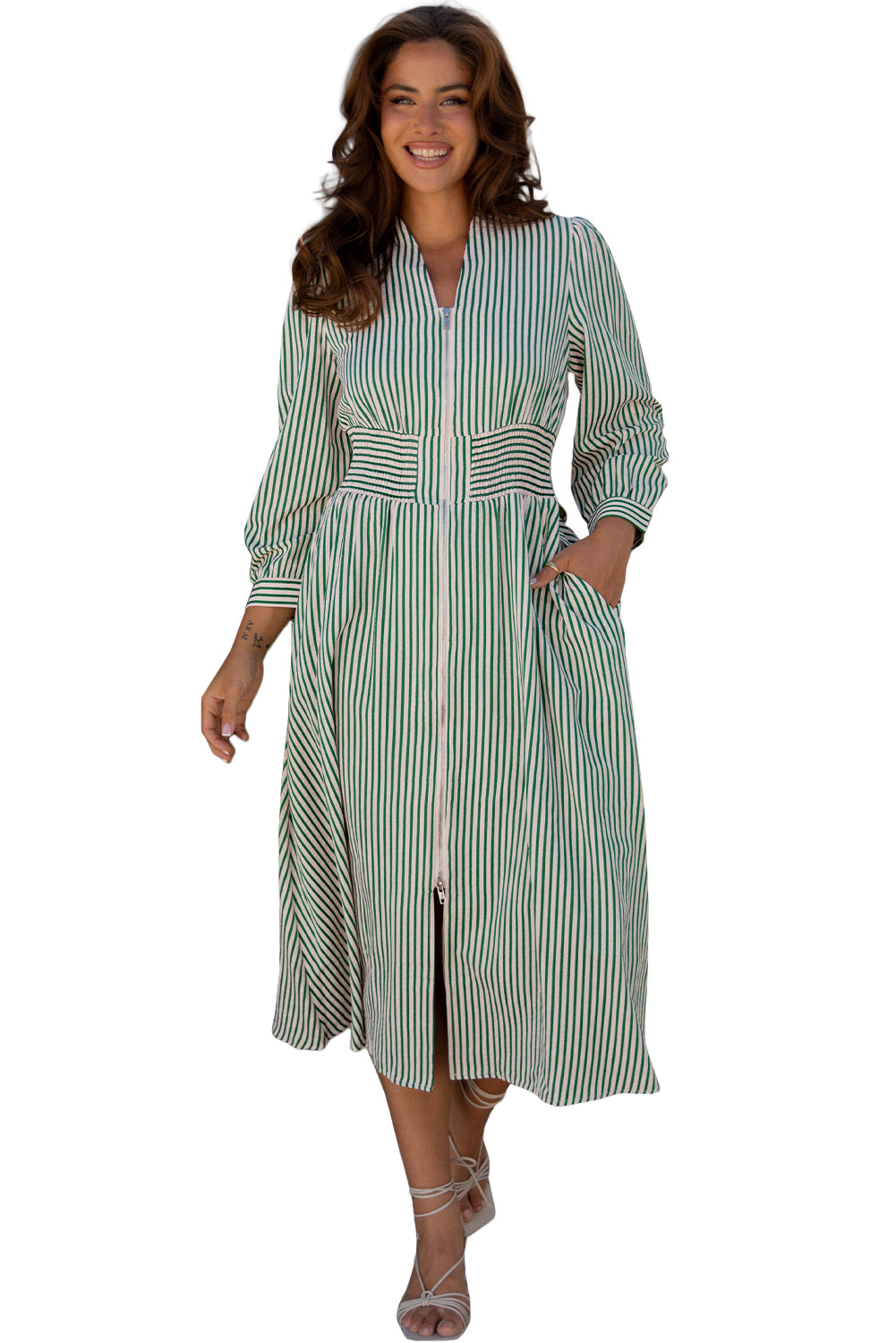 Green Stripe Midi Dress Button Front