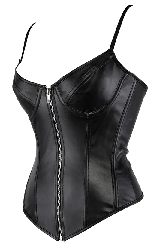 Black faux leather corset top with adjustable straps and front zipper for a stylish look