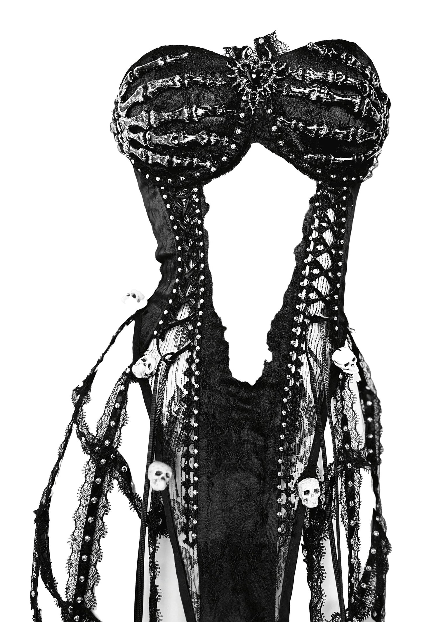Stylish black goth corset top for women featuring lace and skull embellishments