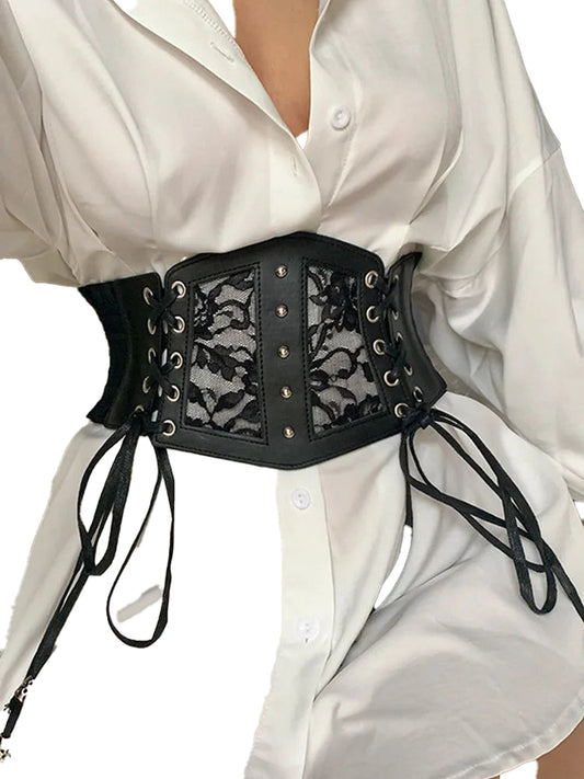 Black lace underbust corset for women with a stylish lace design and adjustable laces