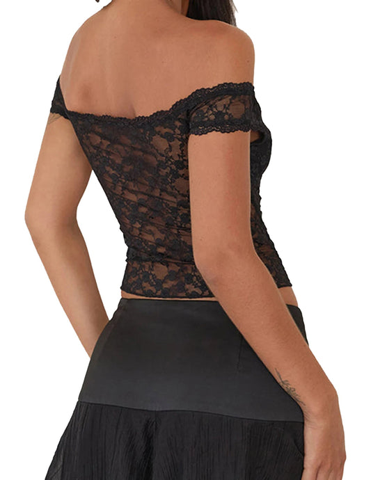 Black off shoulder corset top with lace detailing for a chic and stylish look