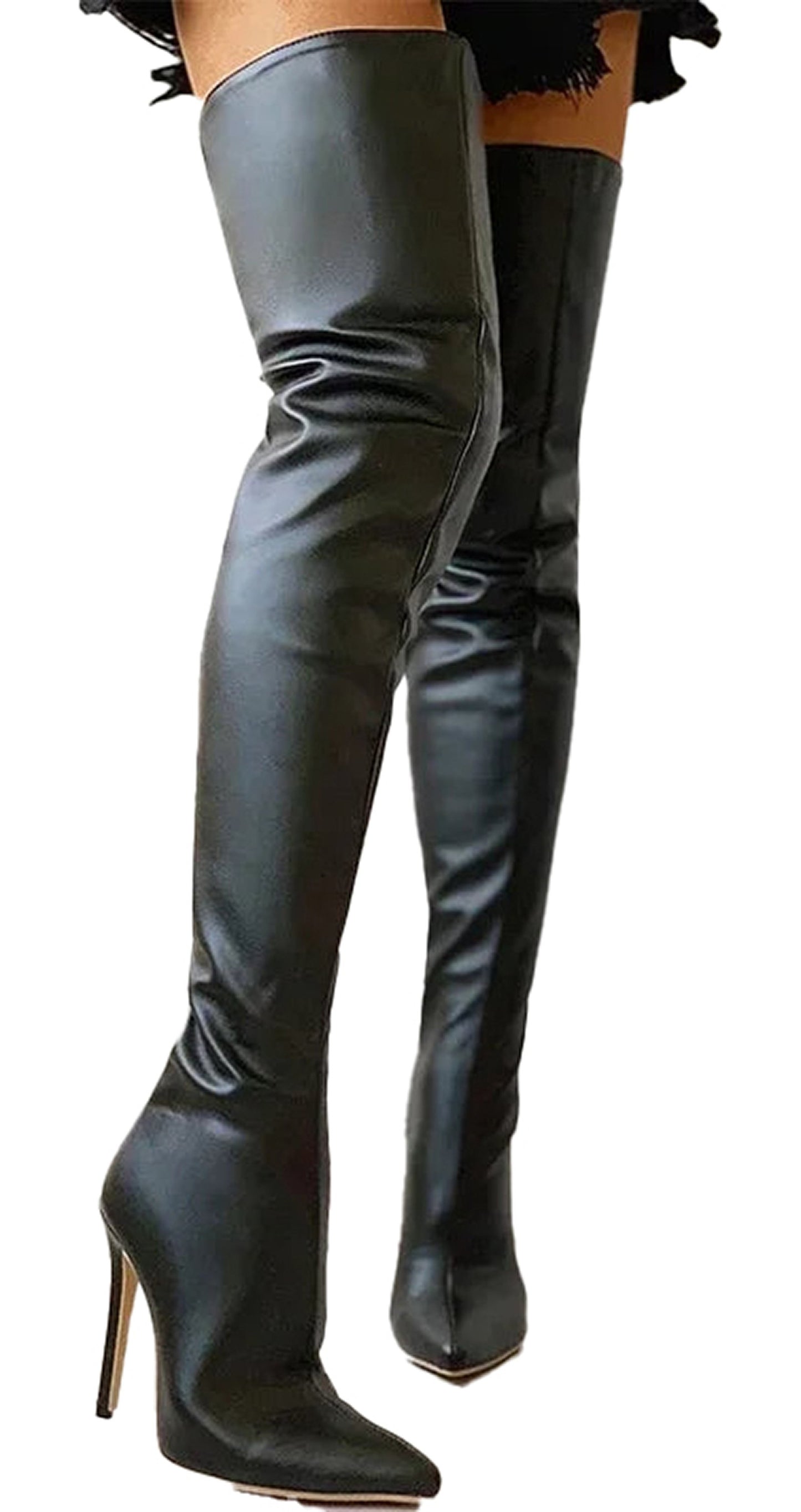 LuckeLadybug LLC black over the knee boots for women with a high heel and sleek design