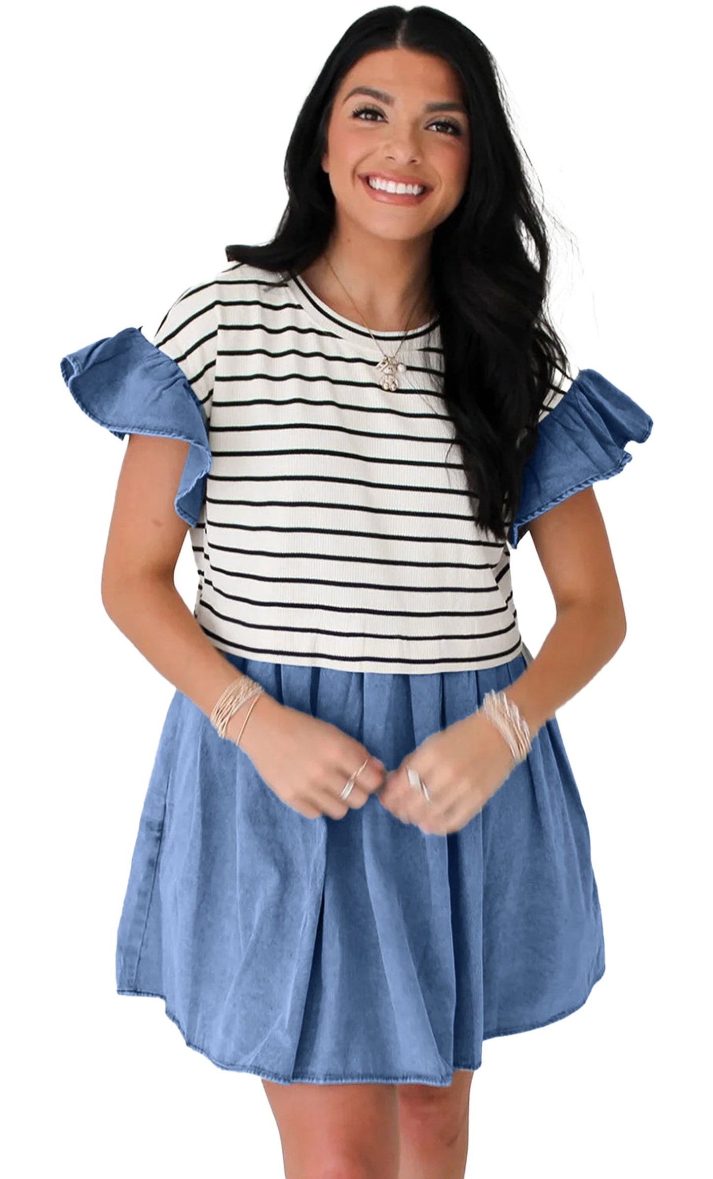 LuckeLadybug black stripe denim patchwork mini dress with ruffled sleeves for a stylish look