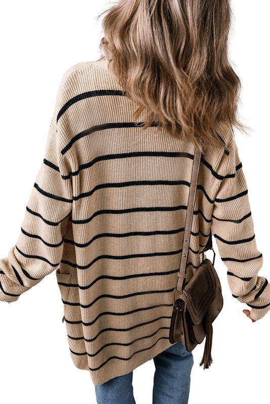 LuckeLadybug black stripe open cardigan in cream with black stripes and loose fit, perfect for layering