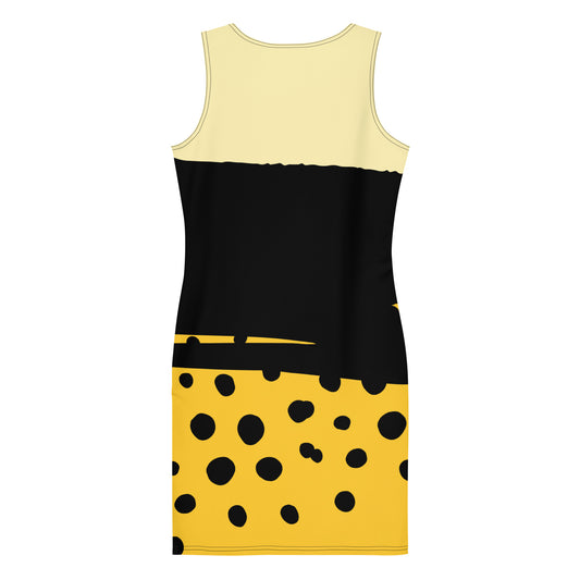 LuckeLadybug black yellow bodycon dress with sleeveless design and polka dot pattern on skirt
