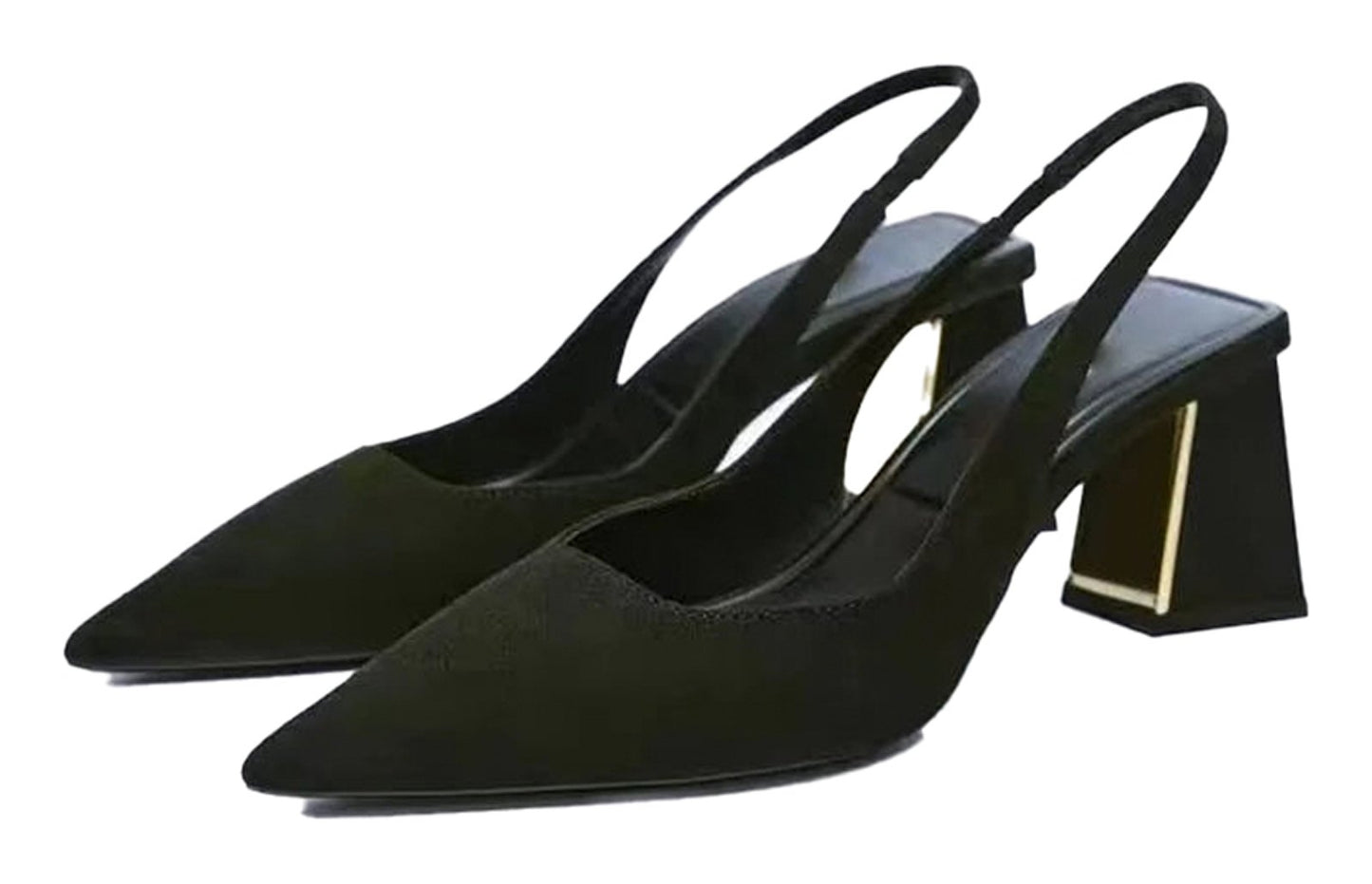 LuckeLadybug block heel slingback pumps for women in black suede with sleek design and gold accents