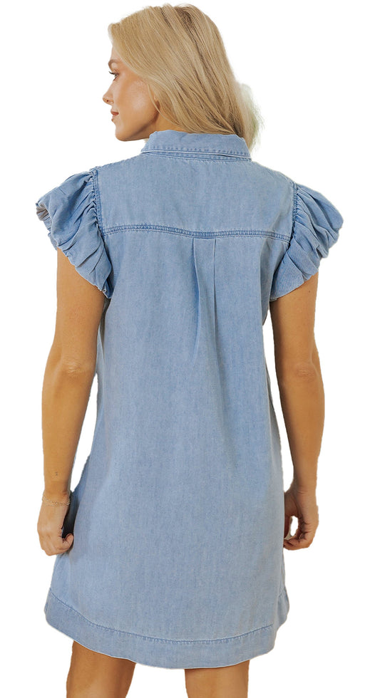 Back view of a LuckeLadybug blue denim mini dress for women with puff sleeves and a collar