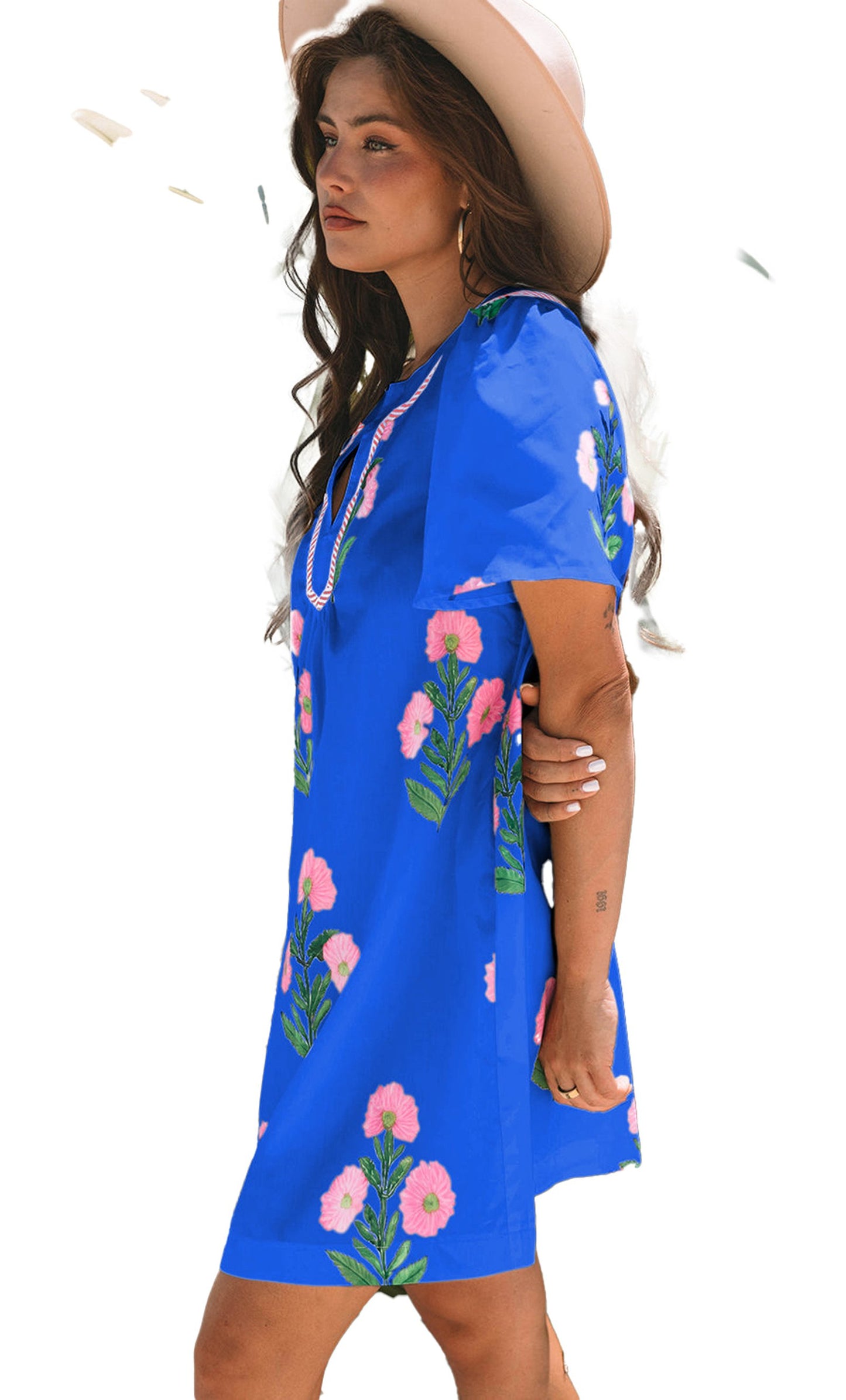 LuckeLadybug blue floral mini dress with vibrant flower patterns and short sleeves, perfect for summer outings