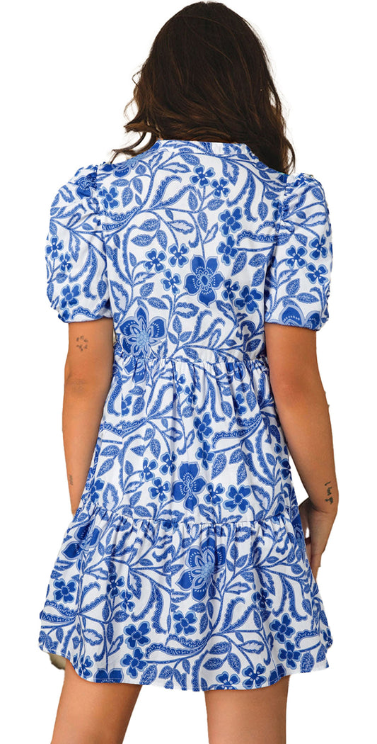 LuckeLadybug blue floral puff sleeve dress with a flowy tiered design and elegant floral patterns