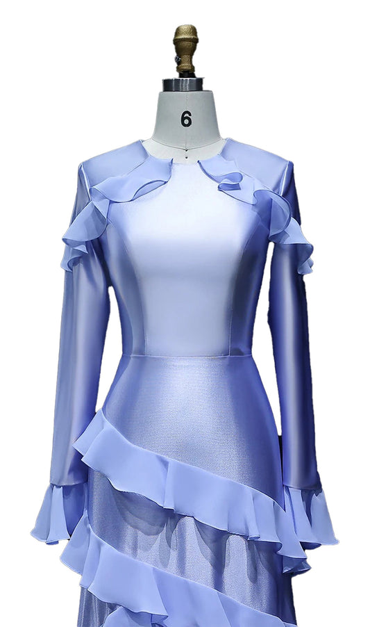 LuckeLadybug LLC Blue Ruffle Mermaid Evening Dress with Long Sleeves and Elegant Layers