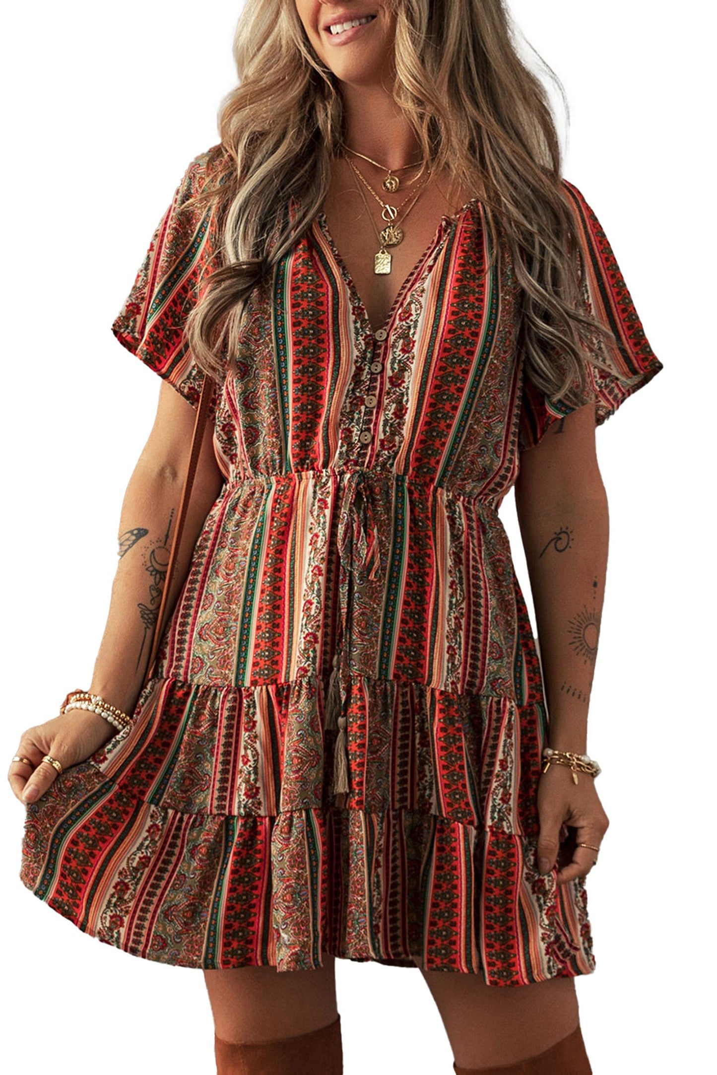 LuckeLadybug Bohemian floral print dress with a tiered ruffle design and short sleeves