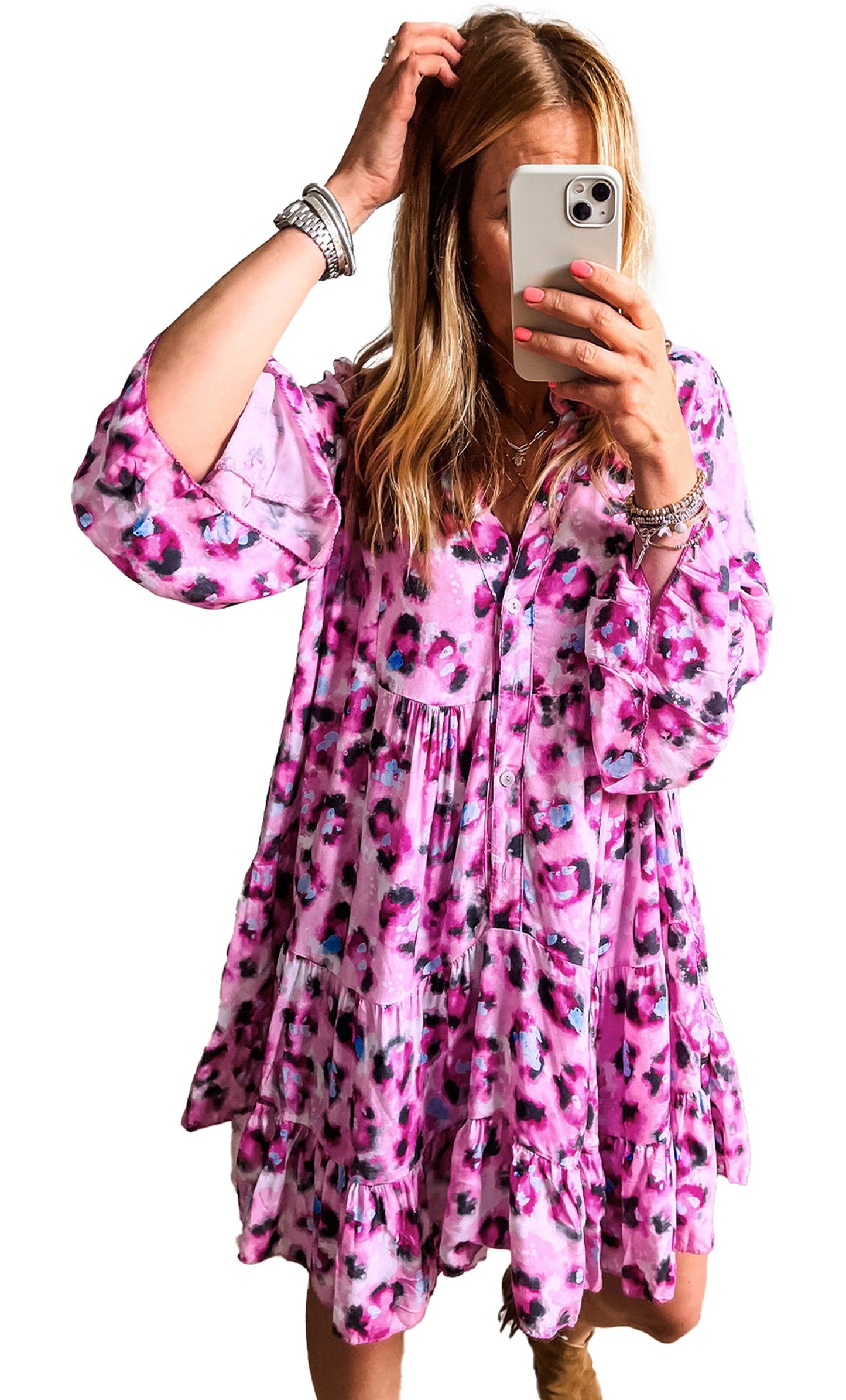 LuckeLadybug pink tiered mini dress with black leopard print dress pattern and balloon sleeves