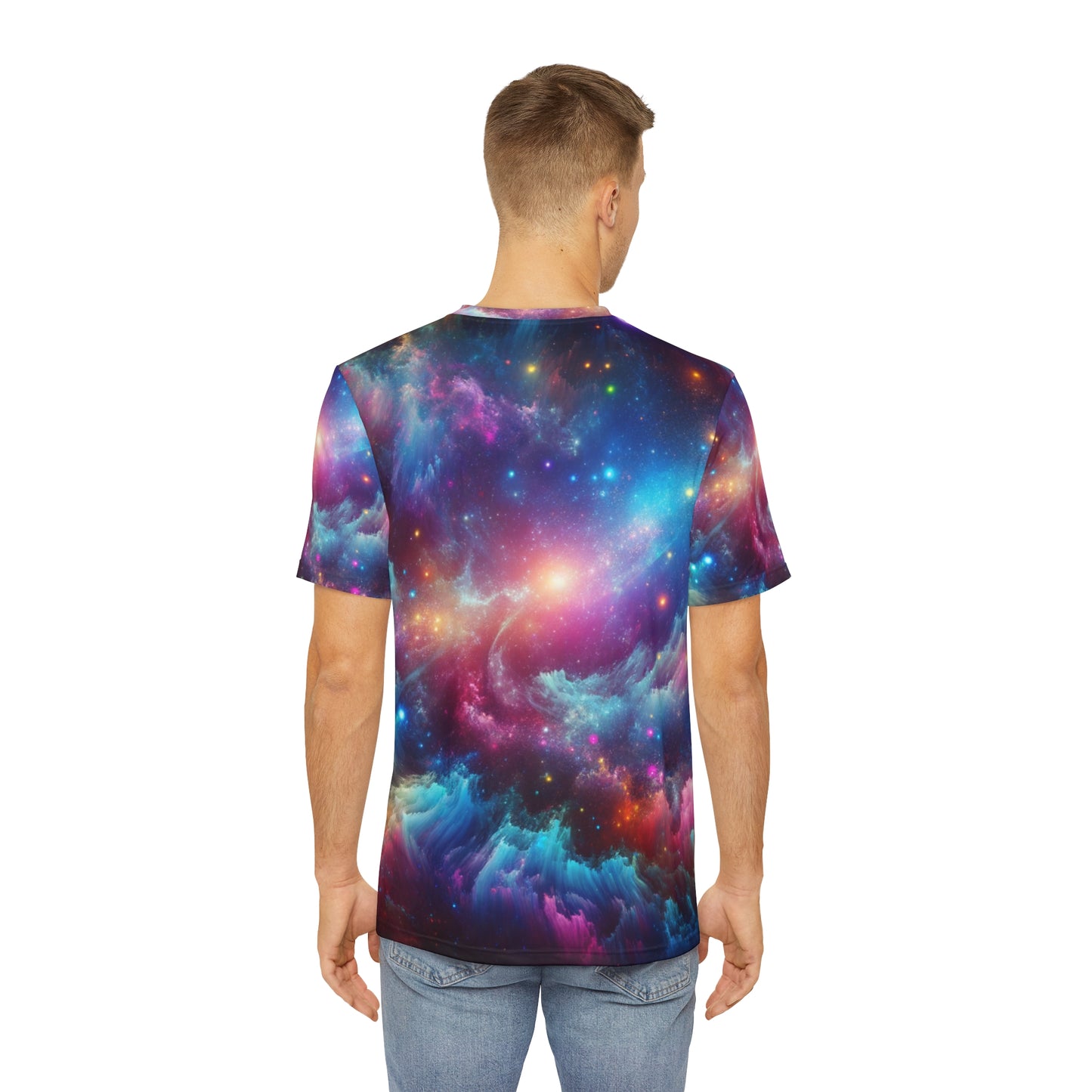 Back view of man wearing vibrant cosmic shirt for men with colorful galaxy print by LuckeLadybug